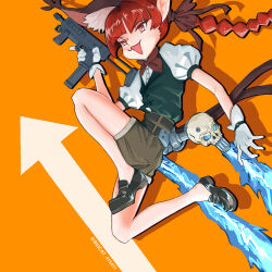Rule 34 | 1girl, :d, alternate costume, animal ears, arrow (symbol), bigcat 114514, cat ears, cat tail, commentary request, drop shadow, extra ears, floating hair, gun, highres, holding, holding gun, holding weapon, jetpack, kaenbyou rin, multiple tails, nekomata, open mouth, orange background, shorts, simple background, smile, solo, tail, touhou, two tails, v-shaped eyebrows, weapon