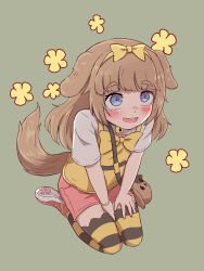 Rule 34 | 1girl, animal ears, bag, bell, blue eyes, blush, bow, bracelet, brown hair, butter (trickcal), collar, dog ears, dog girl, dog tail, flower, full body, hair bow, highres, jewelry, jingle bell, long hair, neck bell, open mouth, pabenia, pink footwear, pink shorts, ribbon, shirt, shoes, short sleeves, shorts, sitting, smile, solo, striped clothes, striped thighhighs, tail, thighhighs, thighs, trickcal, white shirt, yellow shirt
