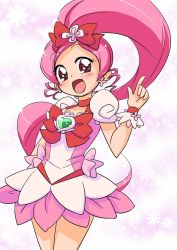 Rule 34 | 10s, 1girl, bad id, bad pixiv id, bow, brooch, cure blossom, eyelashes, hanasaki tsubomi, heart, heart brooch, heartcatch precure!, index finger raised, konchuu, long hair, magical girl, open mouth, pink bow, pink eyes, pink hair, ponytail, precure, skirt, solo, wrist cuffs