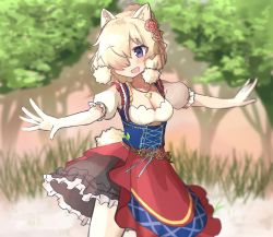 Rule 34 | 1girl, alpaca ears, alpaca girl, alpaca suri (kemono friends), alpaca tail, animal ears, asymmetrical clothes, black dress, blue eyes, blush, commentary request, corset, cowboy shot, dirndl, dress, flower, frilled dress, frilled sleeves, frills, german clothes, hair bun, hair flower, hair ornament, hair over one eye, hair tubes, kemono friends, kemono friends 3, mitorizu 02, official alternate costume, outstretched arms, pleated dress, puffy short sleeves, puffy sleeves, red dress, shirt, short hair, short sleeves, single hair bun, solo, tail, white hair, white shirt