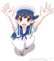 Rule 34 | bag, black hair, brown eyes, dress, foreshortening, from above, hands up, hat, hiburi (kancolle), kantai collection, looking at viewer, low ponytail, one-hour drawing challenge, ray.s, sailor collar, sailor dress, sailor hat, shoes, short hair, short sleeves, simple background, smile, uwabaki, white background, white dress