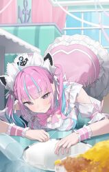 Rule 34 | 1girl, absurdres, ahoge, anchor print, anchor symbol, animal ears, blue hair, blush, breasts, cat ears, cleavage, closed mouth, colored inner hair, commentary request, dress, embarrassed, fake animal ears, fallen down, frilled dress, frilled wrist cuffs, frills, highres, hololive, indoors, maid, maid cafe, maid headdress, minato aqua, minato aqua (8th costume), multicolored hair, nel dcm, on ground, pink dress, pink hair, pink wrist cuffs, purple eyes, solo, spill, streaked hair, tearing up, tray, twintails, two-tone hair, virtual youtuber, white dress, wrist cuffs
