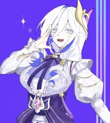 Rule 34 | 1girl, :d, ascot, blue eyes, breasts, bright pupils, brooch, center frills, colored eyelashes, commentary request, drill hair, eyelashes, frilled shirt collar, frilled sleeves, frills, hair between eyes, hair ornament, hair over shoulder, hand up, hare (honkai impact), high-waist skirt, honkai (series), honkai impact 3rd, jewelry, juliet sleeves, large breasts, long hair, long sleeves, looking at viewer, low twintails, multicolored hair, neck ribbon, official alternate costume, open mouth, puffy sleeves, purple ascot, purple background, purple hair, purple ribbon, purple skirt, ribbon, shirt, sho 2nini, sidelocks, simple background, skirt, smile, solo, sparkle, streaked hair, teeth, twin drills, twintails, white hair, white pupils, white shirt