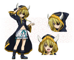 Rule 34 | &gt;:), &gt;:d, 1girl, :d, blonde hair, bloomers, bontenmaru (oda nobuna no yabou), boots, character sheet, cross, date masamune, expressions, eyepatch, frills, full body, hood, horns, long sleeves, looking at viewer, multiple views, navel, oda nobuna no yabou, official art, open mouth, ribbon, short hair, short hair with long locks, smile, standing, teeth, underwear, v-shaped eyebrows, white background, yellow eyes