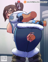 Rule 34 | 1boy, 1girl, anus, artist name, ass, bent over, breasts, brown hair, closed eyes, clothed sex, crotch cutout, disembodied hand, disembodied penis, hair bun, hair ornament, hairpin, hetero, highres, inker comics, mei (overwatch), nipples, open mouth, overwatch, overwatch 1, penis, pussy, sex, sideboob, single hair bun, teeth, torn clothes, uncensored, vaginal, watermark, web address