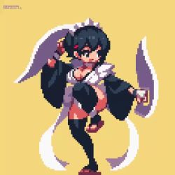 Rule 34 | 1girl, animated, animated gif, black eyes, black hair, black thighhighs, bouncing breasts, breasts, cleavage, collar, dual wielding, full body, geta, holding, huge breasts, iroha (samurai spirits), jumping, leg up, maid, maid headdress, open clothes, pixel art, sakuemon, samurai spirits, simple background, smile, solo, standing, standing on one leg, thick thighs, thighhighs, thighs, toeless legwear, weapon, wide hips, wide sleeves, wristband