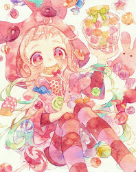 Rule 34 | 1girl, blush, bow, candy, candy wrapper, commentary, eyelashes, food, green bow, green hair, highres, holding, hood, hood up, jar, jibaku shounen hanako-kun, lollipop, long hair, looking at viewer, mouth hold, multicolored hair, oharu-chan, orange eyes, orange hair, painting (medium), pantyhose, red bow, solo, striped clothes, striped pantyhose, sweets, symbol-only commentary, traditional media, watercolor (medium), yashiro nene