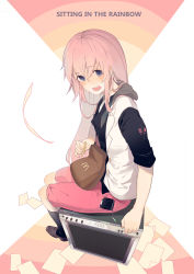 Rule 34 | 1girl, absurdres, alternate costume, amplifier, bad id, bad pixiv id, blue eyes, blush, cellphone, food, french fries, from above, highres, long hair, mcdonald&#039;s, megurine luka, open mouth, phone, pink hair, ryuutsuki basetsu, shorts, sitting, solo, vocaloid, yamaha