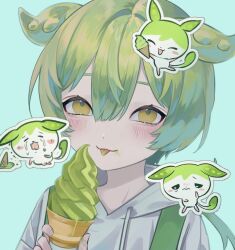 Rule 34 | :3, blush, chiikawa, closed eyes, commentary, creature and personification, crying, food, food on face, green background, green eyes, green hair, green suspenders, grey hoodie, hair between eyes, hand up, highres, holding, holding food, holding ice cream, hood, hood down, hoodie, ice cream, ice cream cone, ice cream cone spill, ice cream on face, kira (kila 666), light blush, open mouth, parody, sidelocks, tears, tongue, tongue out, voiceroid, voicevox, zundamon