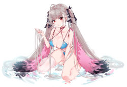 Rule 34 | 1girl, azur lane, bikini, blue bikini, breasts, cleavage, formidable (azur lane), formidable (the lady of the beach) (azur lane), full body, grey hair, highres, large breasts, long hair, looking at viewer, minikon, multi-strapped bikini bottom, multi-strapped bikini top, red eyes, single thighhigh, sitting, solo, swimsuit, thighhighs, twintails, very long hair, wariza, water, white thighhighs