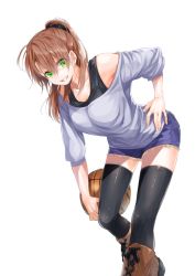 Rule 34 | 1girl, ahoge, armpit peek, ball, basketball, basketball (object), bent over, black tank top, black thighhighs, blue shirt, boots, breasts, brown hair, character request, cleavage, collarbone, commentary request, cross-laced footwear, cutoffs, denim, denim shorts, eyes visible through hair, feet out of frame, green eyes, grin, hair between eyes, hair ornament, hair scrunchie, hair up, hand on own hip, lace-up boots, large breasts, looking at viewer, off-shoulder shirt, off shoulder, original, ponytail, scrunchie, shirt, shorts, simple background, smile, solo, standing, tank top, teeth, thighhighs, waka (shark waka), white background