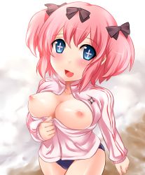 Rule 34 | + +, 10s, 1girl, blue eyes, blush, bow, breasts, breasts out, breath, buruma, hair bow, hibari (senran kagura), highres, jacket, large breasts, looking at viewer, nipples, open clothes, open jacket, open mouth, pink hair, senran kagura, short hair, short twintails, smile, solo, symbol-shaped pupils, track jacket, twintails, yoshimo