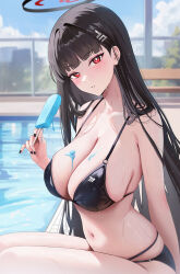 1girl bikini black_bikini black_hair black_nails blue_archive breasts cleavage commentary fingernails food food_on_body hair_intakes hair_ornament hairpin highres kottungyang large_breasts long_hair looking_at_viewer nail_polish navel pool popsicle rio_(blue_archive) sitting skindentation solo stomach swimsuit thighs very_long_hair wet