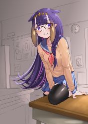 Rule 34 | 1girl, absurdres, alternate costume, blue skirt, commentary, english commentary, floating hair, glasses, highres, hololive, hololive english, leaning forward, looking at viewer, ninomae ina&#039;nis, pointy ears, purple eyes, purple hair, ryoshi, school uniform, serafuku, skirt, smile, solo, thighhighs, virtual youtuber