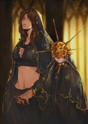 Rule 34 | 1boy, 1girl, breasts, brother and sister, brown hair, covered eyes, dark souls (series), dark souls i, dark sun gwyndolin, large breasts, long hair, midriff, queen of sunlight gwynevere, siblings, size difference, tall female, timnehparrot, trap, white hair