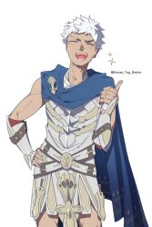Rule 34 | 1boy, armor, blue cape, cape, closed eyes, collarbone, fate/grand order, fate (series), gauntlets, hands on own hips, highres, house tag denim, open mouth, ptolemy (fate), sparkle, thumbs up, twitter username, white background, white hair