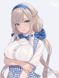 Rule 34 | 1girl, apron, arm under breasts, blonde hair, blue bow, blue bowtie, blue eyes, blue headband, bow, bowtie, braid, breasts, commentary request, dated, dress shirt, french braid, gingham apron, headband, highres, kantai collection, kobeya uniform, large breasts, long hair, looking at viewer, maryland (kancolle), open mouth, rokuwata tomoe, shirt, short sleeves, signature, simple background, solo, twintails, white background, white shirt