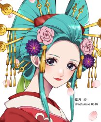 Rule 34 | 1girl, aqua hair, artist name, blue eyes, blush, closed mouth, commentary request, flower, hair flower, hair ornament, hair stick, highres, japanese clothes, kouzuki hiyori, lips, lipstick, makeup, natsuki shio, nihongami, oiran, one piece, pink flower, red lips, simple background, smile, solo, translation request, white background