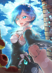 Rule 34 | 10s, 1girl, :d, apple, aqua eyes, blue eyes, blue hair, blue sky, blurry, breasts, brick wall, carillus, cloud, cloudy sky, day, depth of field, detached sleeves, food, fruit, hair ornament, hairpin, holding hands, highres, lens flare, looking at viewer, looking to the side, maid, maid headdress, medium breasts, natsuki subaru, open mouth, out of frame, pov, pov hands, re:zero kara hajimeru isekai seikatsu, rem (re:zero), short hair, sky, smile, solo focus