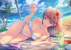 Rule 34 | 1girl, bare arms, bare shoulders, beach, beach mat, bikini, blue bikini, blue sky, breasts, breasts apart, brown eyes, brown hair, building, cloud, cloudy sky, collarbone, commentary, cup, day, drinking glass, drinking straw, dutch angle, flower, food, frilled bikini, frills, fruit, hair flower, hair ornament, hair ribbon, hairband, hibiscus, large breasts, long hair, looking at viewer, lying, navel, ocean, on side, original, outdoors, palm tree, ribbon, sand, side-tie bikini bottom, sky, smile, solo, soraizumi, strap pull, sunlight, swimsuit, thighs, tree, water
