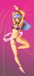 Rule 34 | 00s, 1girl, :d, absurdres, armlet, armpits, arms up, bikini, blue hair, bracelet, breasts, cleavage, covered erect nipples, cross-laced footwear, dancer, dancing, erola suppaatoka, female focus, flats, full body, gradient background, gypsy, happy, headdress, high heels, highleg, highleg bikini, highleg swimsuit, highres, hip focus, honoo no labyrinth, jewelry, labyrinth of flames, large breasts, leg up, legs, long hair, looking at viewer, medium breasts, micro bikini, navel, neck ring, necklace, open mouth, purple bikini, purple eyes, shoes, sideboob, smile, solo, standing, standing on one leg, string, string bikini, swimsuit, thighlet, thong, tiara, ultra-taf