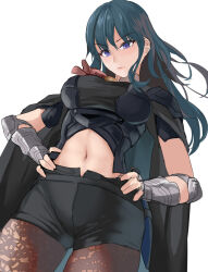 Rule 34 | 1girl, black shorts, blue eyes, blue hair, breasts, brown pantyhose, byleth (female) (fire emblem), byleth (fire emblem), clothing cutout, commentary request, cowboy shot, fire emblem, fire emblem: three houses, hands on own hips, highres, large breasts, long hair, looking at viewer, navel, nintendo, pantyhose, sail (sail-away), short shorts, shorts, solo, standing, stomach, stomach cutout