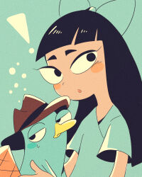 Rule 34 | !, 1girl, black hair, blue bow, blue shirt, blush, blush stickers, bow, fedora, hat, hime cut, long hair, orange hair, parted lips, perry the platypus, phineas and ferb, platypus, shirt, simple background, stacy hirano, sudako (tkb315), toon (style)