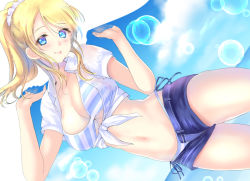 Rule 34 | 10s, 1girl, :p, ayase eli, bad id, bad pixiv id, bikini, blonde hair, blue eyes, blush, breasts, cleavage, crop top, front-tie top, groin, high ponytail, large breasts, long hair, looking at viewer, love live!, love live! school idol festival, love live! school idol project, navel, open fly, ponytail korosuke, shirt, short shorts, shorts, side-tie bikini bottom, smile, solo, striped bikini, striped bikini top, striped clothes, swimsuit, thighs, tied shirt, tongue, tongue out