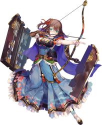 Rule 34 | &gt;:(, 1girl, aqua eyes, asymmetrical gloves, azu-taro, blue dress, bow, bow (weapon), breasts, brown gloves, brown hair, cleavage cutout, clothing cutout, dress, elbow gloves, full body, glasses, gloves, holding, holding bow (weapon), holding weapon, large breasts, looking at viewer, mismatched gloves, official art, one side up, oshiro project:re, oshiro project:re, sasayama (oshiro project), short hair, solo, transparent background, v-shaped eyebrows, weapon, white gloves