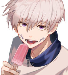 Rule 34 | 1boy, facial tattoo, food, hair between eyes, holding, holding food, inumaki toge, jujutsu kaisen, looking at viewer, male focus, open mouth, peach luo, popsicle, purple eyes, shirt, short hair, silver hair, simple background, solo, tattoo, tongue tattoo, upper body, white background, white shirt, zipper