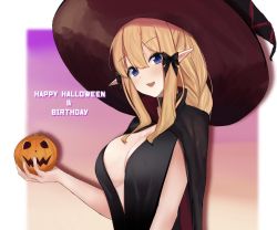 Rule 34 | 1girl, bad id, bad twitter id, black bow, blonde hair, blue eyes, blush, bow, breasts, cape, elf, english text, food, from side, gradient background, hair between eyes, hair bow, hat, high collar, holding, holding food, holding pumpkin, holding vegetable, large breasts, long hair, looking at viewer, outside border, pointy ears, princess connect!, pumpkin, saren (princess connect!), smile, vegetable, witch, witch hat, yasushi (n0t 0t4ku)