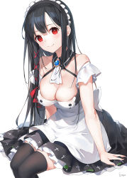 Rule 34 | 1girl, apron, arm support, artist name, bad id, bad pixiv id, bare arms, bare shoulders, black collar, black dress, black hair, black thighhighs, blush, breasts, brooch, buttons, cleavage, closed mouth, collar, collarbone, detached collar, dress, emyo, feet out of frame, frilled dress, frills, hair ornament, hair ribbon, head tilt, invisible chair, jewelry, leaning forward, long hair, looking at viewer, maid, maid apron, maid headdress, medium breasts, off shoulder, original, red eyes, red ribbon, ribbon, sidelocks, signature, simple background, sitting, smile, solo, thighhighs, very long hair, waist apron, white apron, white background, white neckwear, wing collar, x hair ornament, zettai ryouiki