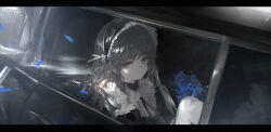 Rule 34 | 1girl, black dress, blue flower, blue rose, car, cigar, closed mouth, dress, expressionless, flower, frilled dress, frilled hairband, frills, gloves, gothic lolita, grey eyes, grey hair, hairband, hand up, highres, holding, holding cigar, holding flower, letterboxed, lolita fashion, long hair, long sleeves, looking at viewer, misumigumi, motor vehicle, original, parted lips, petals, ribbon, rose, sitting, smoke, smoking, solo, upper body, white gloves, window
