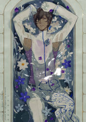 Rule 34 | 1boy, arjuna (fate), armpits, arms up, bathtub, bishounen, black eyes, black hair, blue flower, commentary request, dark-skinned male, dark skin, expressionless, fate/extella, fate/extella link, fate/extra, fate/grand order, fate (series), feet out of frame, flower, gloves, hair between eyes, highres, indian clothes, long sleeves, looking at viewer, lying, lying on water, male focus, pants, purple flower, semi (p-poco), short hair, solo, twitter username, water, wet, wet clothes, white flower, white gloves, white pants