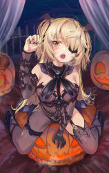 Rule 34 | 1girl, absurdres, arm support, bare shoulders, bat hair ornament, black nails, black thighhighs, blonde hair, blush, bodystocking, breasts, breathing, eyepatch, fischl (genshin impact), garter straps, genshin impact, gloves, green eyes, hair ornament, hair over one eye, hair ribbon, halloween, hand up, head wings, highres, huge filesize, jack-o&#039;-lantern, long hair, looking at viewer, md5 mismatch, nail polish, open mouth, resolution mismatch, revision, ribbon, single thighhigh, small breasts, solo, source smaller, straddling, thighhighs, torriet, two side up, wings