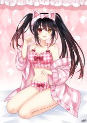 Rule 34 | 1girl, absurdres, bare legs, black hair, bow, bra, breasts, cleavage, date a live, heterochromia, highres, kneeling, lewdkuma, long hair, looking at viewer, navel, panties, paw pose, pink bow, pink bra, pink headwear, pink panties, red bow, red eyes, smile, solo, stomach, tokisaki kurumi, twintails, underwear, uneven twintails, yellow eyes
