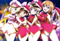 Rule 34 | 4girls, :d, absurdres, band uniform, blonde hair, blue eyes, blush, breasts, brown eyes, brown hair, charlotte e. yeager, elbow gloves, erica hartmann, gloves, gradient background, hat, highres, large breasts, lynette bishop, miyafuji yoshika, multiple girls, non-web source, nyantype, official art, one-piece swimsuit, one eye closed, open mouth, orange hair, panties, peaked cap, salute, school swimsuit, short hair, smile, strike witches, swimsuit, swimsuit under clothes, teeth, underwear, white one-piece swimsuit, white school swimsuit, world witches series