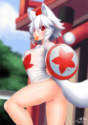 Rule 34 | 1girl, alternate costume, animal ears, ass, blush, bottomless, breasts, covered erect nipples, day, fang, fang out, food, hair between eyes, hat, highres, inubashiri momiji, large breasts, looking at viewer, mouth hold, outdoors, pom pom (clothes), popsicle, red eyes, see-through, shield, shirt, short hair, silver hair, solo, tail, tokin hat, touhou, white shirt, wolf ears, wolf tail, wolflong
