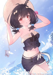 Rule 34 | 1girl, arms up, bare arms, bare shoulders, black hair, black shirt, black shorts, blush, bow, cowboy shot, crop top, day, dutch angle, granblue fantasy, hair bobbles, hair bow, hair ornament, hands on headwear, hat, highres, long hair, low twintails, midriff, navel, ocean, outdoors, parted lips, red eyes, shirt, short shorts, short twintails, shorts, solo, standing, strapless, strapless shirt, sun hat, twintails, vikala (granblue fantasy), wading, water, yellowpaint.