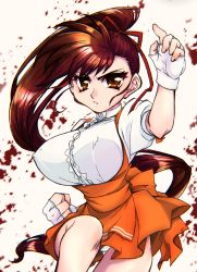 Rule 34 | 1girl, angry, anna miller, breasts, brown hair, covered erect nipples, cowboy shot, fighting stance, fingerless gloves, gloves, high-waist skirt, high ponytail, huge breasts, large breasts, long hair, looking at viewer, miniskirt, orange skirt, pencil skirt, ponytail, red eyes, red ribbon, ribbon, short sleeves, skirt, solo, takeuchi yuka, underbust, variable geo, very long hair, waitress, white background
