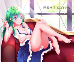 Rule 34 | 1girl, ass, baiyou, bare arms, bare legs, bare shoulders, barefoot, blue eyes, blue skirt, blush, breasts, collarbone, commentary request, couch, crossed legs, frills, full body, green hair, hand up, index finger raised, indoors, knees up, kochiya sanae, long hair, looking at viewer, medium breasts, reclining, shirt, sitting, skirt, sleeveless, sleeveless shirt, smile, solo, thighs, touhou, translation request, white shirt