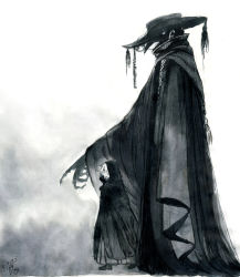 Rule 34 | 2boys, cloak, dated, fog, greyscale, hair over one eye, half-closed eyes, hat, hatching (texture), hood, hood up, hooded cloak, long fingers, long sleeves, male focus, mask, monochrome, multiple boys, original, painting (medium), plague doctor, plague doctor mask, pointing, signature, size difference, sky-art, tassel, traditional media, walking, watercolor (medium), wide sleeves