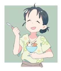 Rule 34 | 1girl, :d, ^ ^, ahoge, black hair, border, cherry, chocolate syrup, closed eyes, food, fruit, green background, hair bun, hands up, holding, holding spoon, ice cream, kono sekai no katasumi ni, koukou (climacool), mole, mole under mouth, open mouth, outside border, parted bangs, pocky, short sleeves, simple background, single hair bun, smile, solo, spoon, upper body, urano suzu, wafer, white border, |d