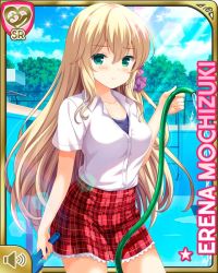Rule 34 | 1girl, blonde hair, blush, braid, breasts, camera, card (medium), cleavage, closed mouth, competition swimsuit, cyberagent, day, female focus, girlfriend (kari), green eyes, hair ribbon, large breasts, long hair, mochizuki erena, official art, one-piece swimsuit, outdoors, plaid, plaid skirt, qp:flapper, red skirt, ribbon, school, school uniform, shirt, skirt, solo, standing, swimsuit, swimsuit under clothes, tagme, water hose, white shirt