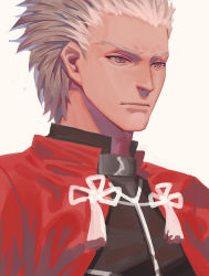 Rule 34 | 1boy, archer (fate), brown eyes, closed mouth, fate/stay night, fate (series), grey background, hair slicked back, jacket, male focus, red jacket, silver hair, simple background, solo, tassel, upper body, zakusi