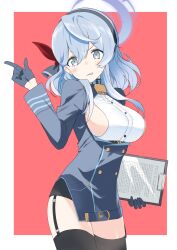 Rule 34 | 1girl, ako (blue archive), annoyed, bell, black gloves, black thighhighs, blue archive, blue collar, blue hair, blue jacket, blush, border, breasts, clenched teeth, clipboard, collar, cowbell, eka eri, garter straps, gloves, grey eyes, hair between eyes, hairband, halo, highres, holding, holding clipboard, jacket, large breasts, long sleeves, looking at viewer, medium breasts, medium hair, red background, sideboob, simple background, solo, teeth, thighhighs, white border