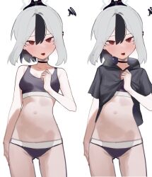 Rule 34 | 1girl, arm at side, black choker, black hair, black hoodie, blue archive, blush, bra, breasts, choker, clothes lift, collarbone, cowboy shot, demon horns, double-parted bangs, drawstring, fataaa, full-face blush, gluteal fold, grey hair, grey halo, hair between eyes, halo, hand up, highres, hood, hood down, hoodie, hoodie lift, horns, kayoko (blue archive), lifting own clothes, long bangs, looking at viewer, mole, mole on neck, multicolored hair, navel, panties, purple bra, purple panties, red eyes, short hair, simple background, small breasts, sports bra, sports panties, squiggle, stomach, sweat, thighs, tongue, two-tone hair, underwear, underwear only, variations, white background