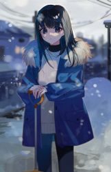Rule 34 | 1girl, black eyes, black hair, blue coat, blue pants, blurry, blurry background, closed mouth, coat, commentary request, day, depth of field, fur-trimmed coat, fur trim, highres, house, leaning on object, long sleeves, looking at viewer, medium hair, mizumi zumi, open clothes, open coat, original, outdoors, own hands together, pants, pocket, puffy long sleeves, puffy sleeves, shovel, snow, snow shovel, solo, standing, sweater, tsurime, turtleneck, utility pole, white sweater, winter, winter clothes, winter coat