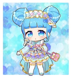 Rule 34 | 1girl, :o, blue background, blue eyes, blue hair, blue kimono, blunt bangs, border, chibi, chii (chi pppuri), double bun, frilled hairband, frills, full body, gloves, gold trim, hair bun, hairband, highres, holding, holding microphone, japanese clothes, kimono, long hair, long sleeves, looking at viewer, microphone, microphone stand, obi, open mouth, original, outside border, pretty series, pripara, sash, seashell, shell, sidelocks, solo, standing, thighhighs, white border, white gloves, white hairband, white thighhighs, wide sleeves, yukata