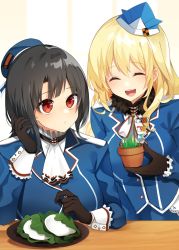 Rule 34 | 2girls, :o, absurdres, atago (kancolle), beret, black gloves, black hair, blonde hair, blue headwear, breasts, closed eyes, flower pot, fur trim, gloves, hat, highres, holding, holding flower pot, holding pot, kantai collection, katsuobushi (eba games), large breasts, long hair, long sleeves, military, military uniform, multiple girls, open mouth, paper hat, parted lips, plant, pot, potted plant, red eyes, short hair, simple background, takao (kancolle), uniform, upper body